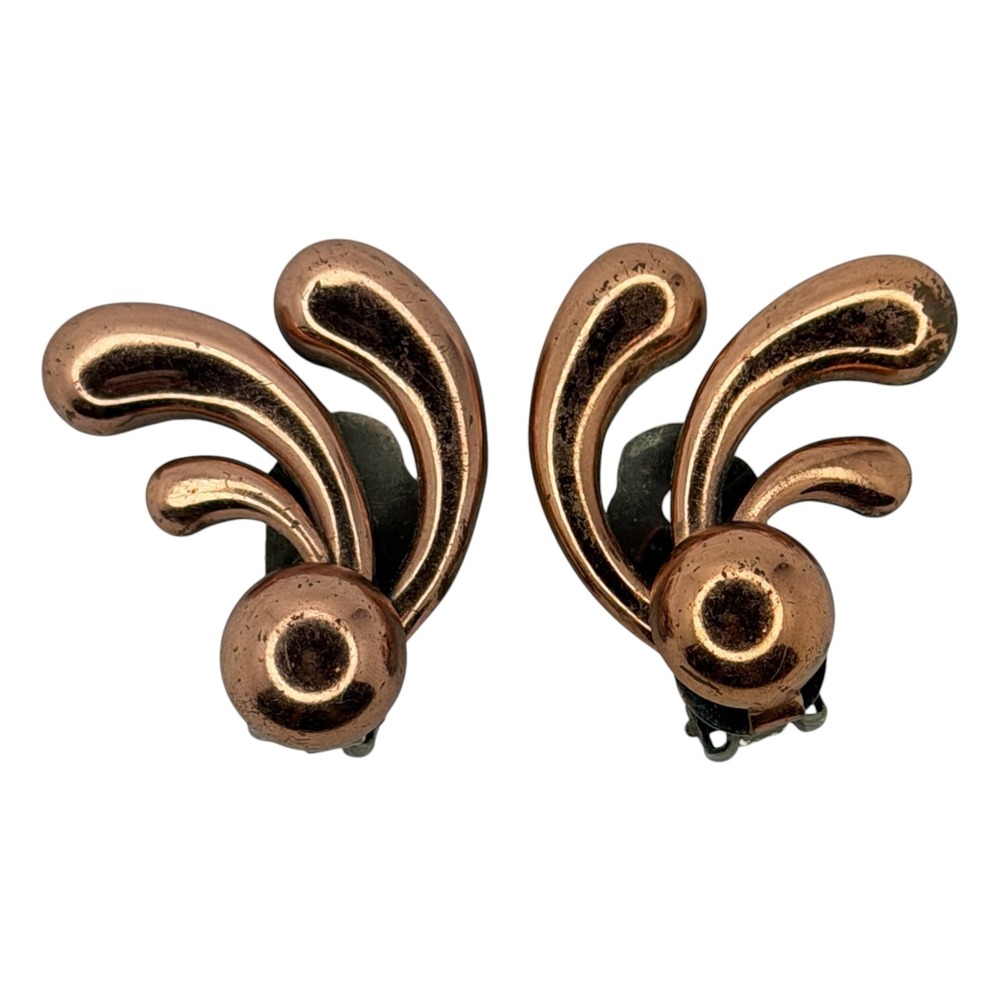 Renoir Clip On Earrings Copper Mid Century Modern Plume Vintage